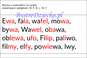 Wyrazy, zdania i teksty z podziałem na sylaby pisane dwoma kolorami czcionki - nauka czytania dla dzieci metodą sylabową - MPBL WF