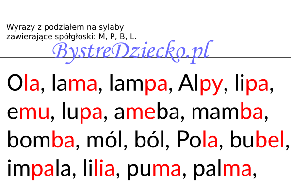 Wyrazy, zdania i teksty z podziałem na sylaby pisane dwoma kolorami czcionki - nauka czytania dla dzieci metodą sylabową - MPBL