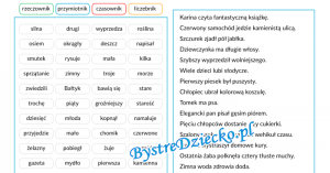 Części mowy w ćwiczeniach - rzeczownik, przymiotnik, czasownik, liczebnik - gramatyka dla dzieci