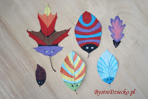 DIY Colored bugs from dried fall leaves of tree as part of the art for kids
