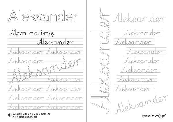 Karty pracy z imionami - nauka pisania imion dla dzieci - Aleksander