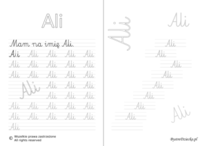 Karty pracy z imionami - nauka pisania imion dla dzieci - Ali