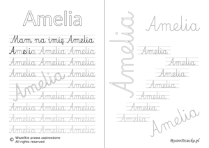 Karty pracy z imionami - nauka pisania imion dla dzieci - Amelia