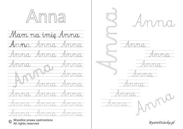 Karty pracy z imionami - nauka pisania imion dla dzieci - Anna