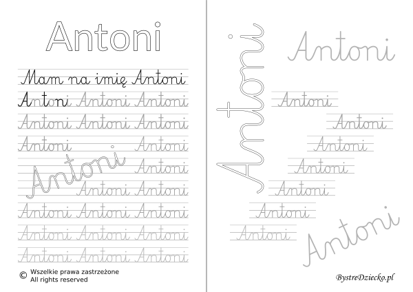 Karty pracy z imionami - nauka pisania imion dla dzieci - Antoni