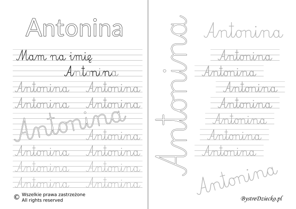 Karty pracy z imionami - nauka pisania imion dla dzieci - Antonina