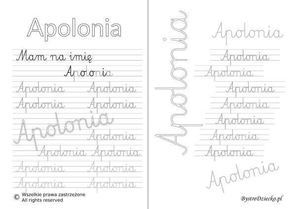 Karty pracy z imionami - nauka pisania imion dla dzieci - Apolonia