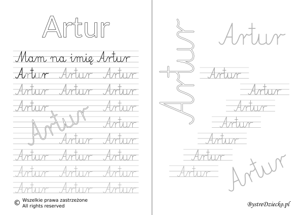 Karty pracy z imionami - nauka pisania imion dla dzieci - Artur