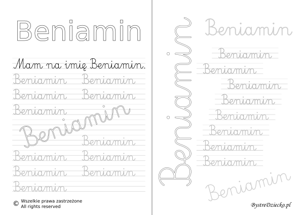 Karty pracy z imionami - nauka pisania imion dla dzieci - Beniamin