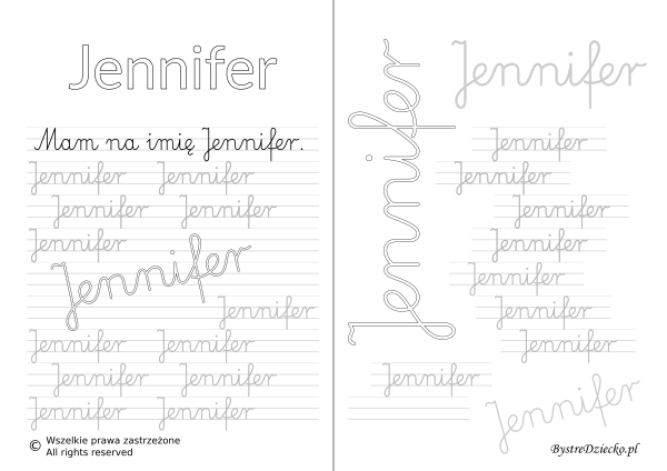 Karty pracy z imionami - nauka pisania imion dla dzieci - Jennifer