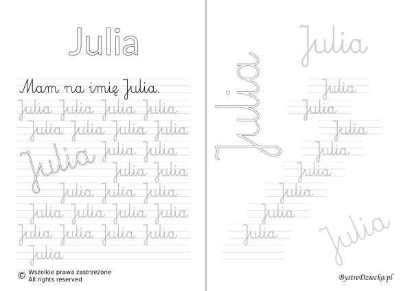 Karty pracy z imionami - nauka pisania imion dla dzieci - Julia