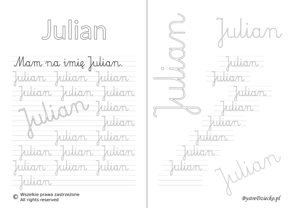 Karty pracy z imionami - nauka pisania imion dla dzieci - Julian