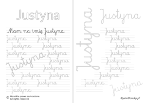 Karty pracy z imionami - nauka pisania imion dla dzieci - Justyna