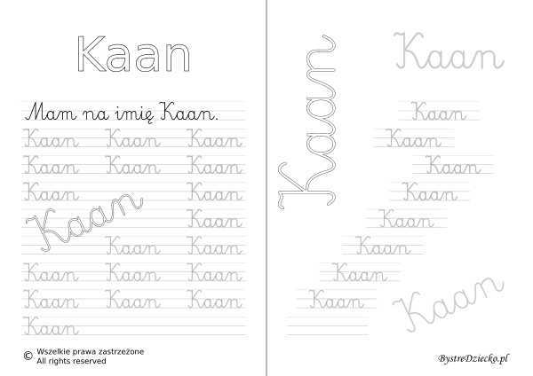 Karty pracy z imionami - nauka pisania imion dla dzieci - Kaan