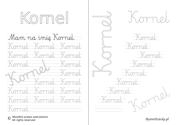 Karty pracy z imionami - nauka pisania imion dla dzieci - Kornel