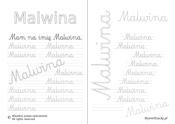 Karty pracy z imionami - nauka pisania imion dla dzieci - Malwina