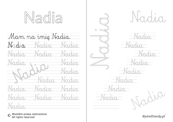 Karty pracy z imionami - nauka pisania imion dla dzieci - Nadia