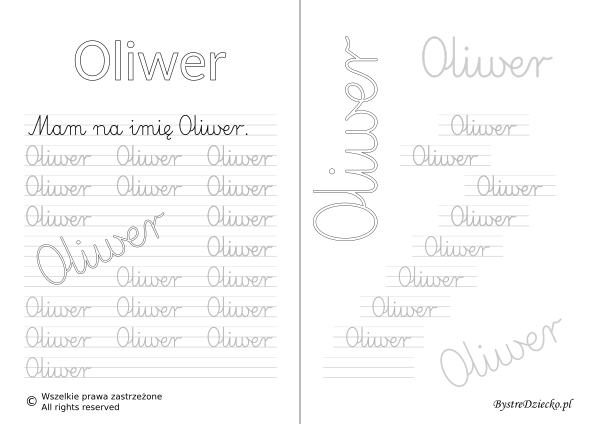 Karty pracy z imionami - nauka pisania imion dla dzieci - Oliwer