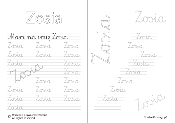 Karty pracy z imionami - nauka pisania imion dla dzieci - Zosia