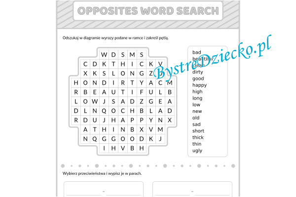 Angielski dla dzieci, przeciwieństwa wykreślanka - Opposites Word Search - worksheets for kids
