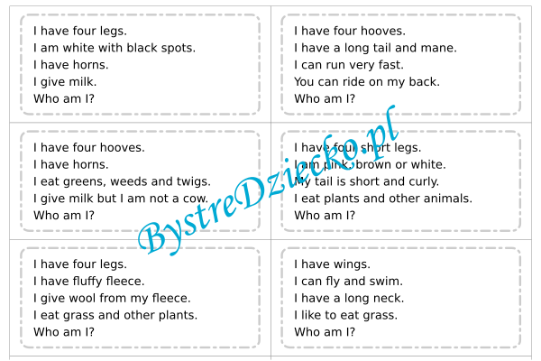 Angielski dla dzieci, zagadki o zwierzętach - Farm animals riddles - worksheets for kids