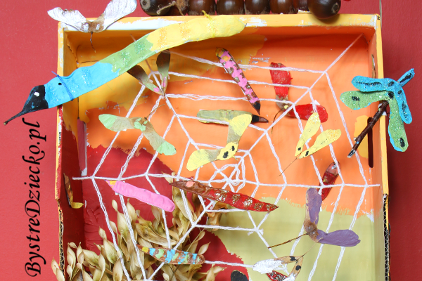 Dary jesieni - praca przestrzenna dla dzieci - sieć pająka i kolorowe owady
