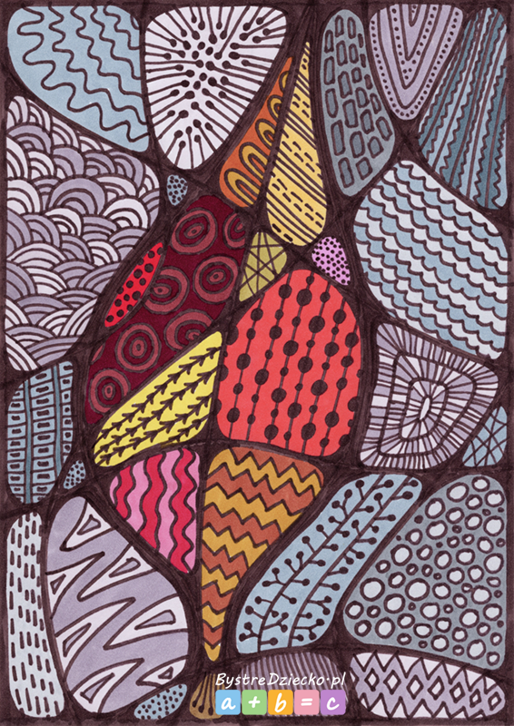 Jesienny liść w stylu doodle art, ręcznie rysowana kolorowanka flamastrami - pomysły na zajęcia plastyczne dla dzieci i kolorowanki antystresowe