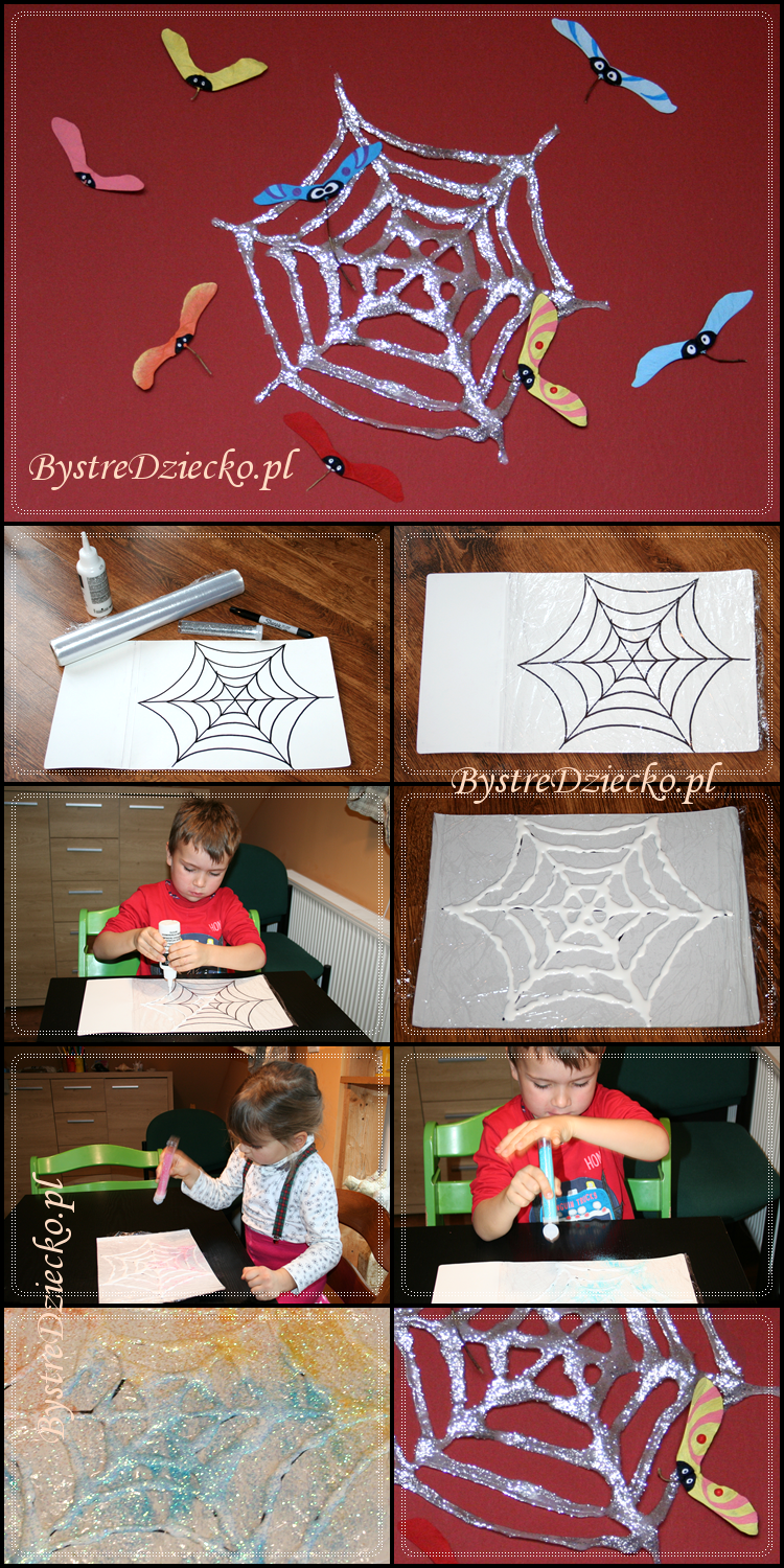 DIY błyszcząca pajęczyna na Halloween - prace plastyczne dla dzieci z klejem do drzewa