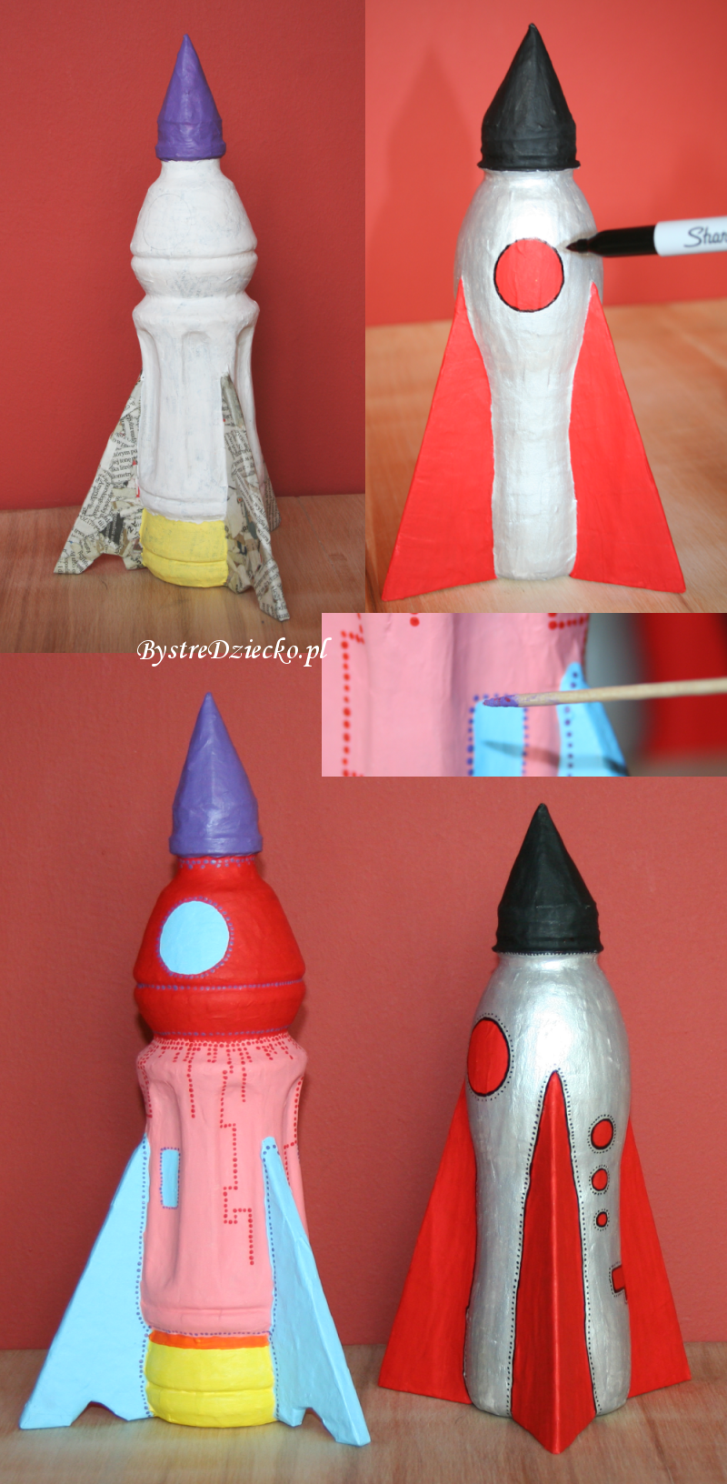 Rakieta kosmiczna z butelki wykonana techniką papier mache przykładem zabawki dla dzieci wykonanej w ramach zajęć plastycznych dla dzieci