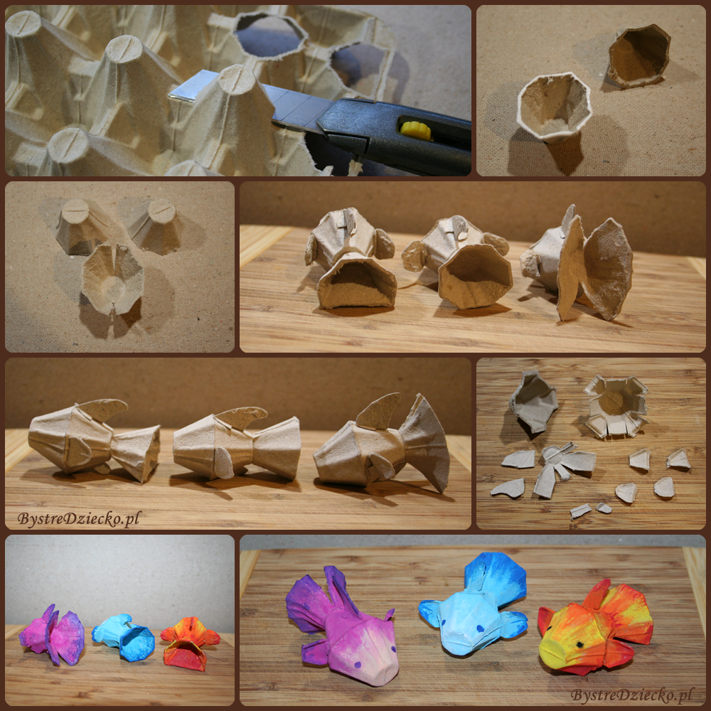 Colorful egg carton fish made from recycled materials during activities for kids