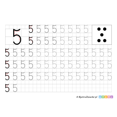 Cyferki do druku, cyfra 5 - nauka pisania cyferek dla dzieci, duża czcionka, matematyka dla dzieci