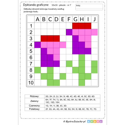 Dyktando graficzne z kwiatami, piksele, nauka kodowania i programowanie dla dzieci - karty pracy do wydruku