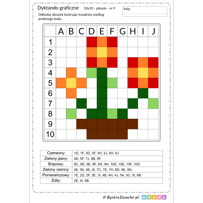 Dyktando graficzne z kwiatami, piksele, nauka kodowania i programowanie dla dzieci - karty pracy do wydruku