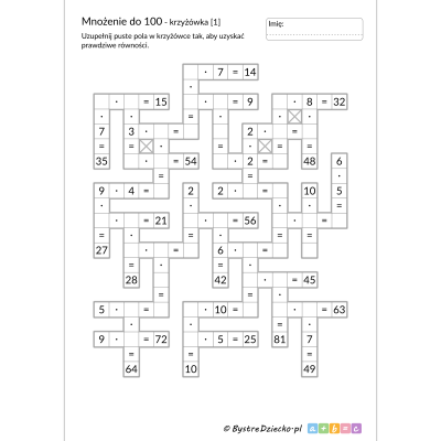 Krzyżówka matematyczna - zadanie i rozwiązanie, mnożenie do 100 do druku - matematyka klasa 2 i klasa 3, karty pracy dla dzieci