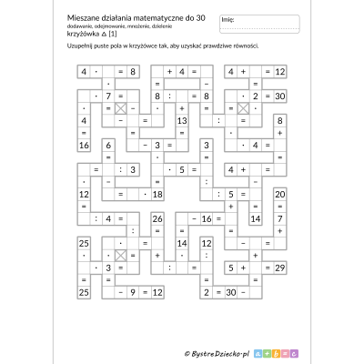 Mieszane działania matematyczne do 30, dodawanie, odejmowanie, mnożenie, dzielenie - krzyżówka matematyczna zadanie - karty pracy dla dzieci do druku