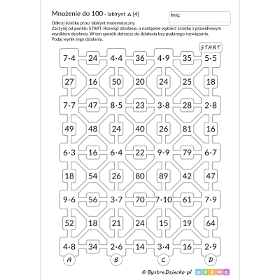 Labirynt matematyczny przez mnożenie do 100 do druku z odpowiedziami - matematyka klasa 2 i klasa 3, karty pracy dla dzieci