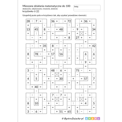Mieszane działania matematyczne do 100, dodawanie, odejmowanie, mnożenie, dzielenie - krzyżówka matematyczna zadanie i rozwiązanie - karty pracy dla dzieci do druku