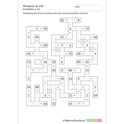 Krzyżówka matematyczna - zadanie, mnożenie do 100 do druku - matematyka klasa 2 i klasa 3, karty pracy dla dzieci