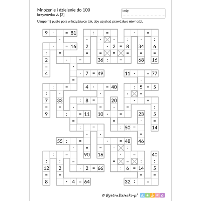 Krzyżówka matematyczna - zadanie, mnożenie i dzielenie do 100 do druku - matematyka klasa 3, karty pracy dla dzieci