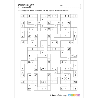 Krzyżówka matematyczna - zadanie i rozwiązanie, dzielenie do 100 do druku - matematyka klasa 3, karty pracy dla dzieci