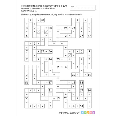 Mieszane działania matematyczne do 100, dodawanie, odejmowanie, mnożenie, dzielenie - krzyżówka matematyczna zadanie - karty pracy dla dzieci do druku