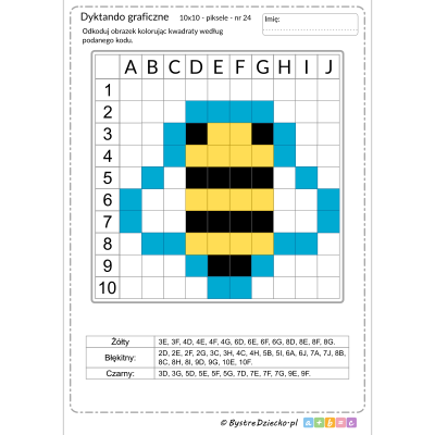 Dyktando graficzne mała pracowita pszczółka, 10x10 piksele, nauka kodowania i programowanie dla dzieci - karty pracy do wydruku